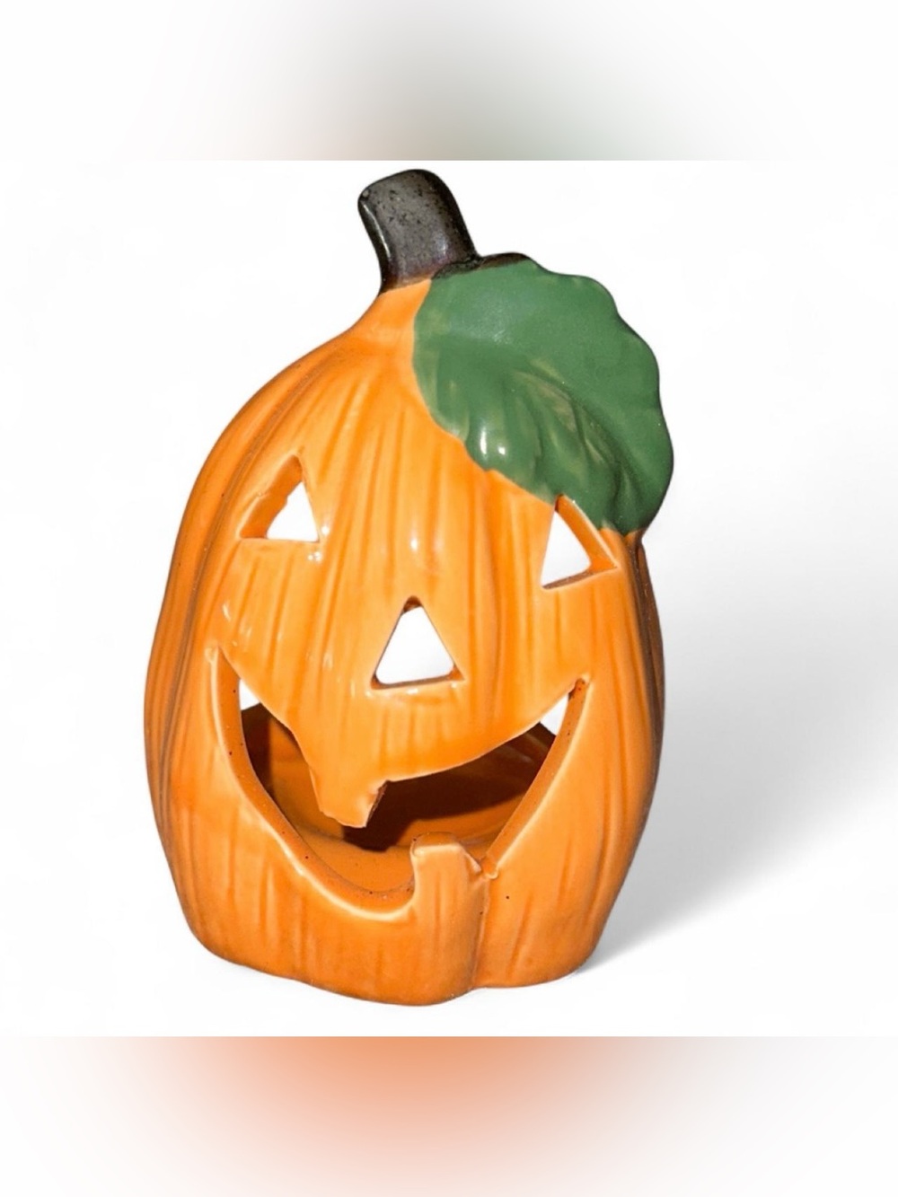 Ceramic Orange Pumpkin Lantern with Green Leaf